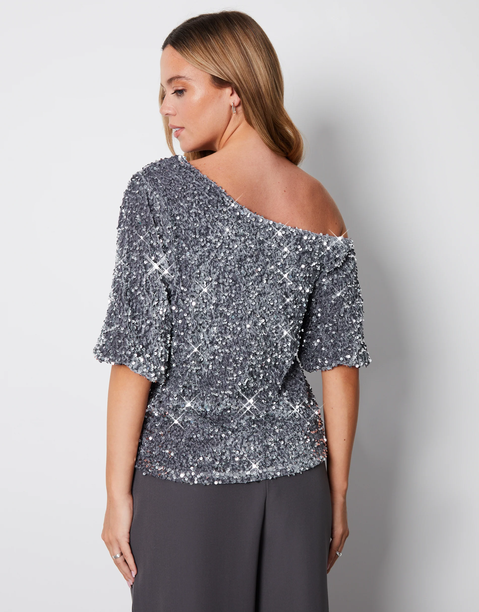 Sequin Velour Drop Shoulder Top in Silver - Image 3