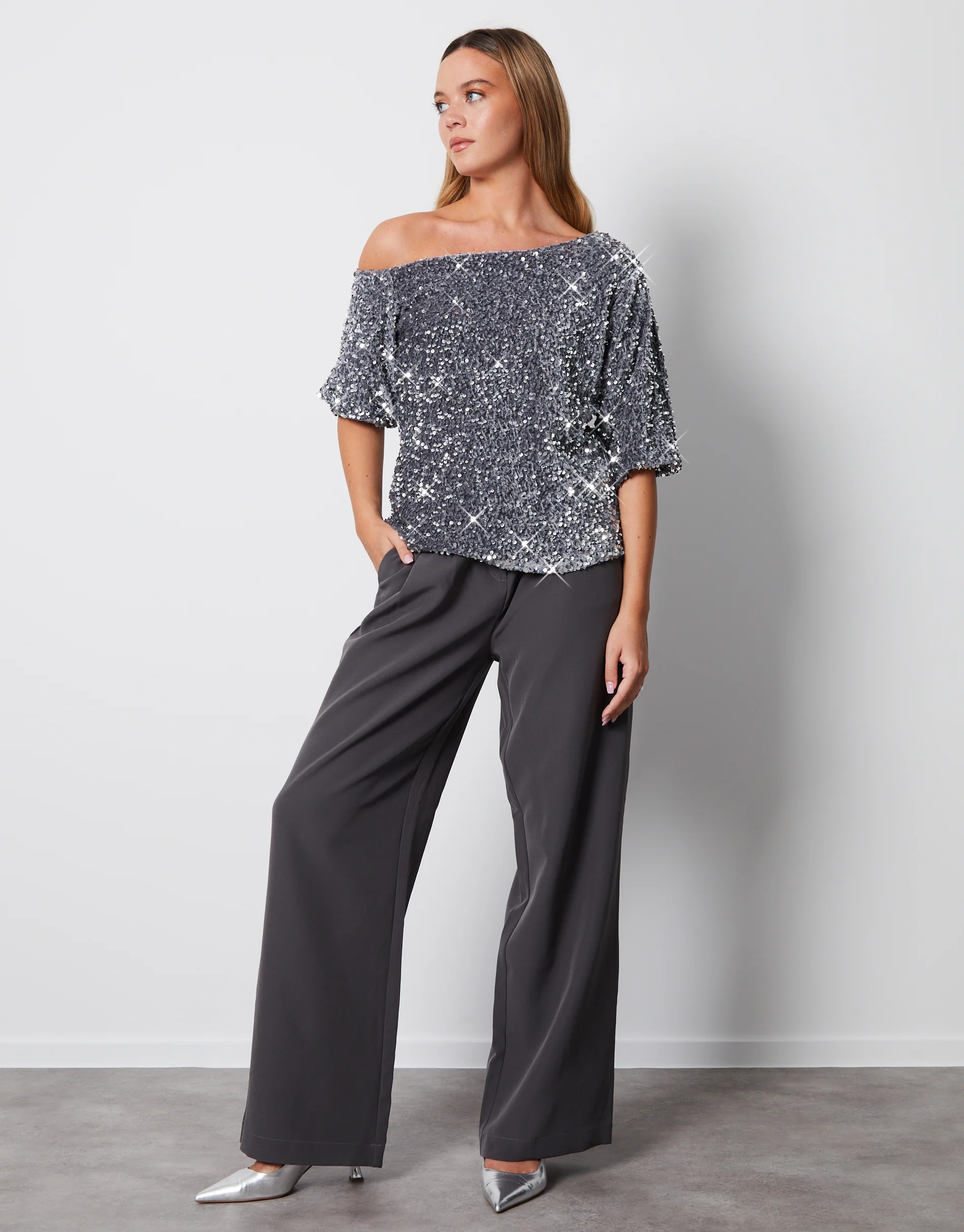Sequin Velour Drop Shoulder Top in Silver - Image 4