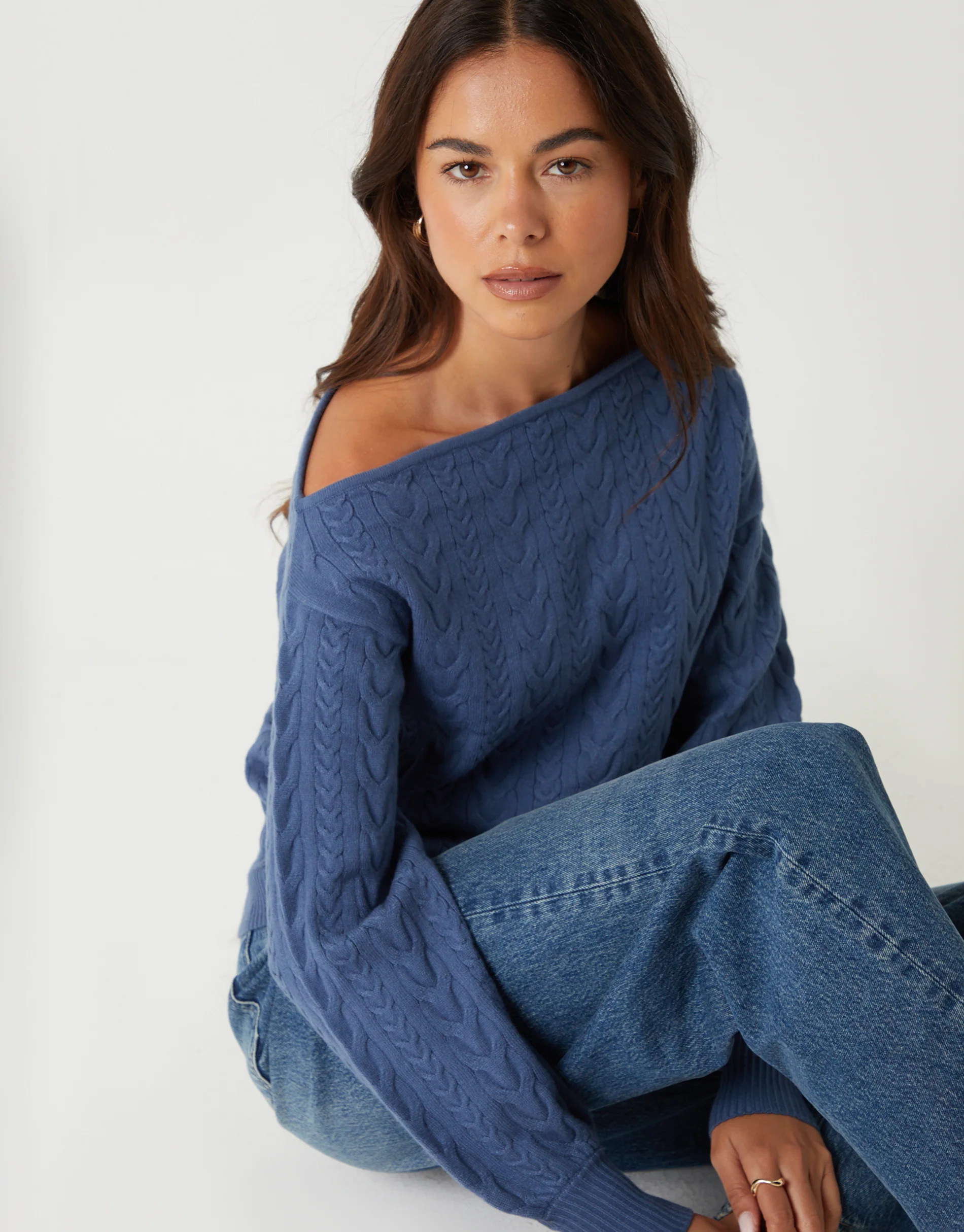 Blue Cable Knit Slash Neck Jumper in Cream