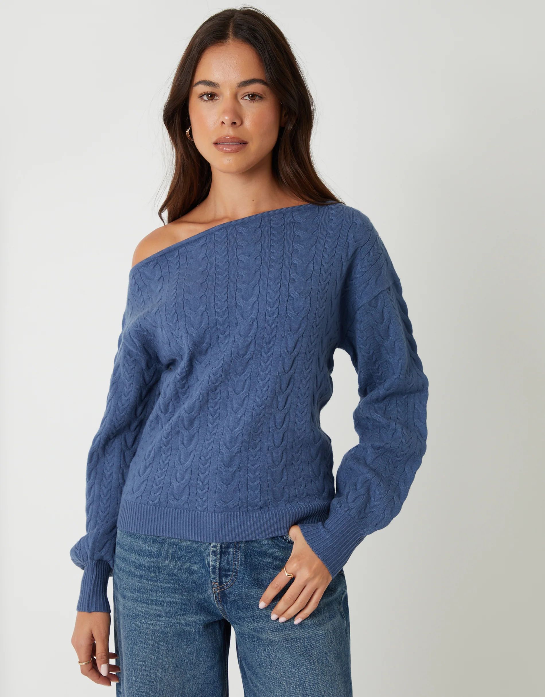 Blue Cable Knit Slash Neck Jumper in Cream - Image 2