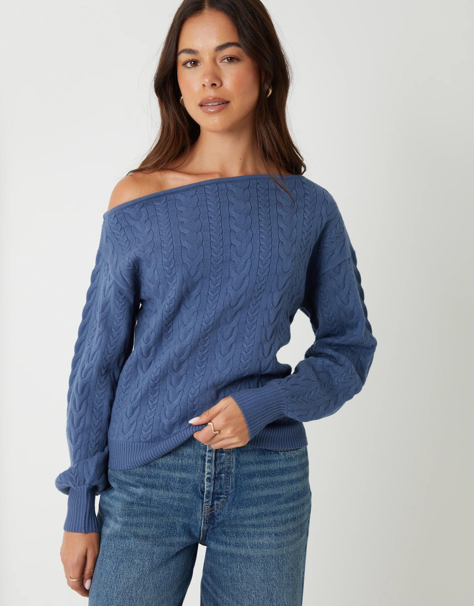 Blue Cable Knit Slash Neck Jumper in Cream - Image 4