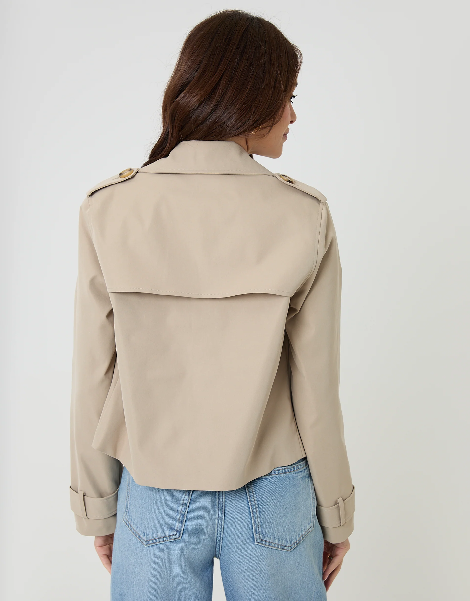 Double Breasted Cropped Trench Coat in Stone - Image 2