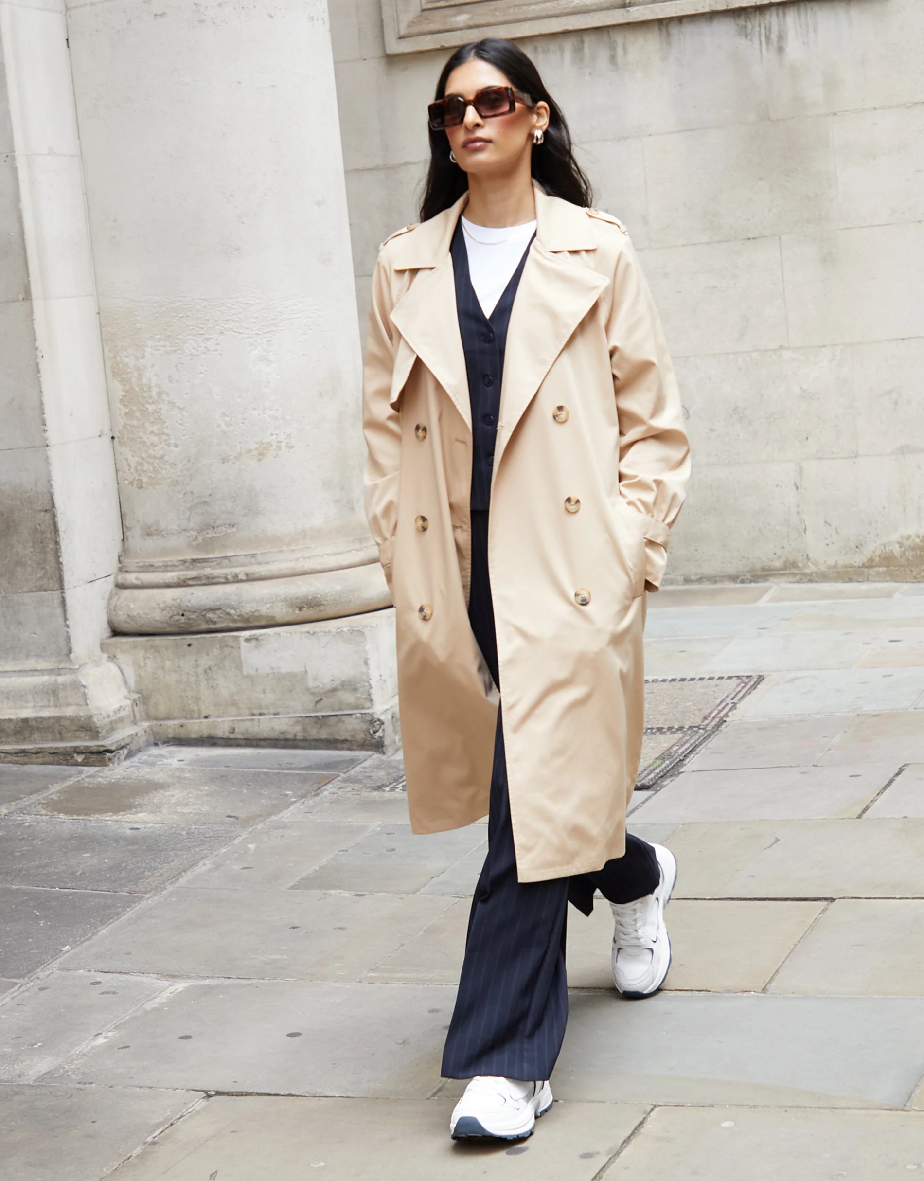 Double Breasted Trench Coat in Stone