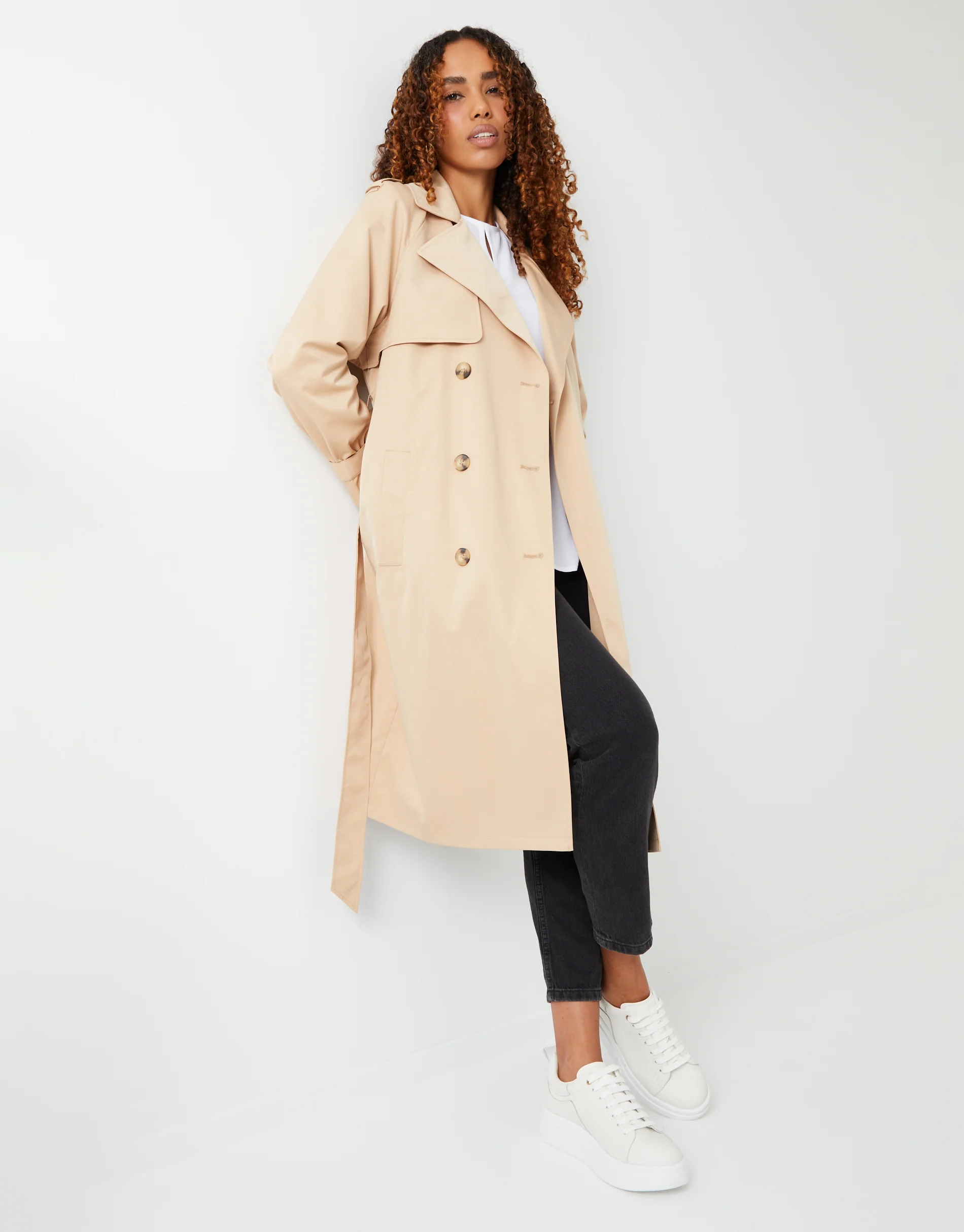 Double Breasted Trench Coat in Stone - Image 5