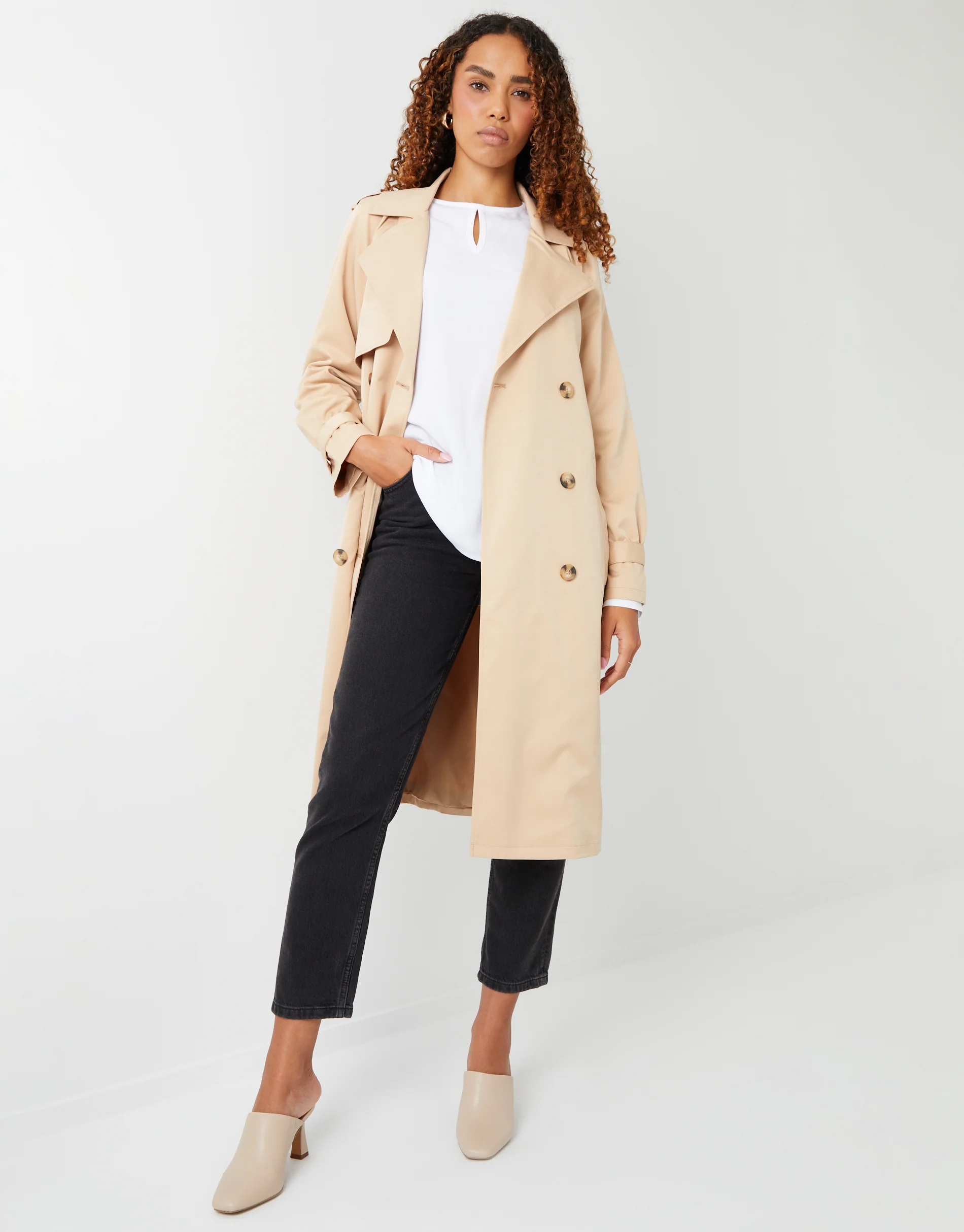 Double Breasted Trench Coat in Stone - Image 6