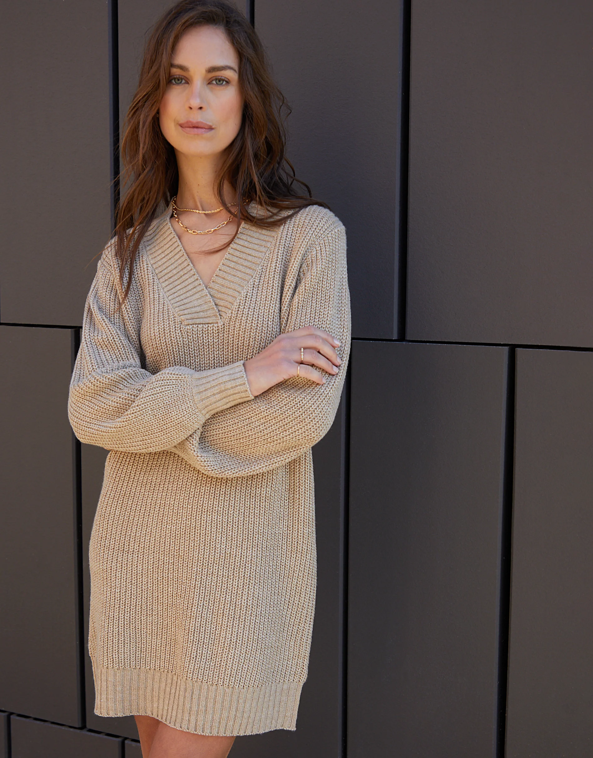 V-Neck Knitted Jumper Dress in Stone
