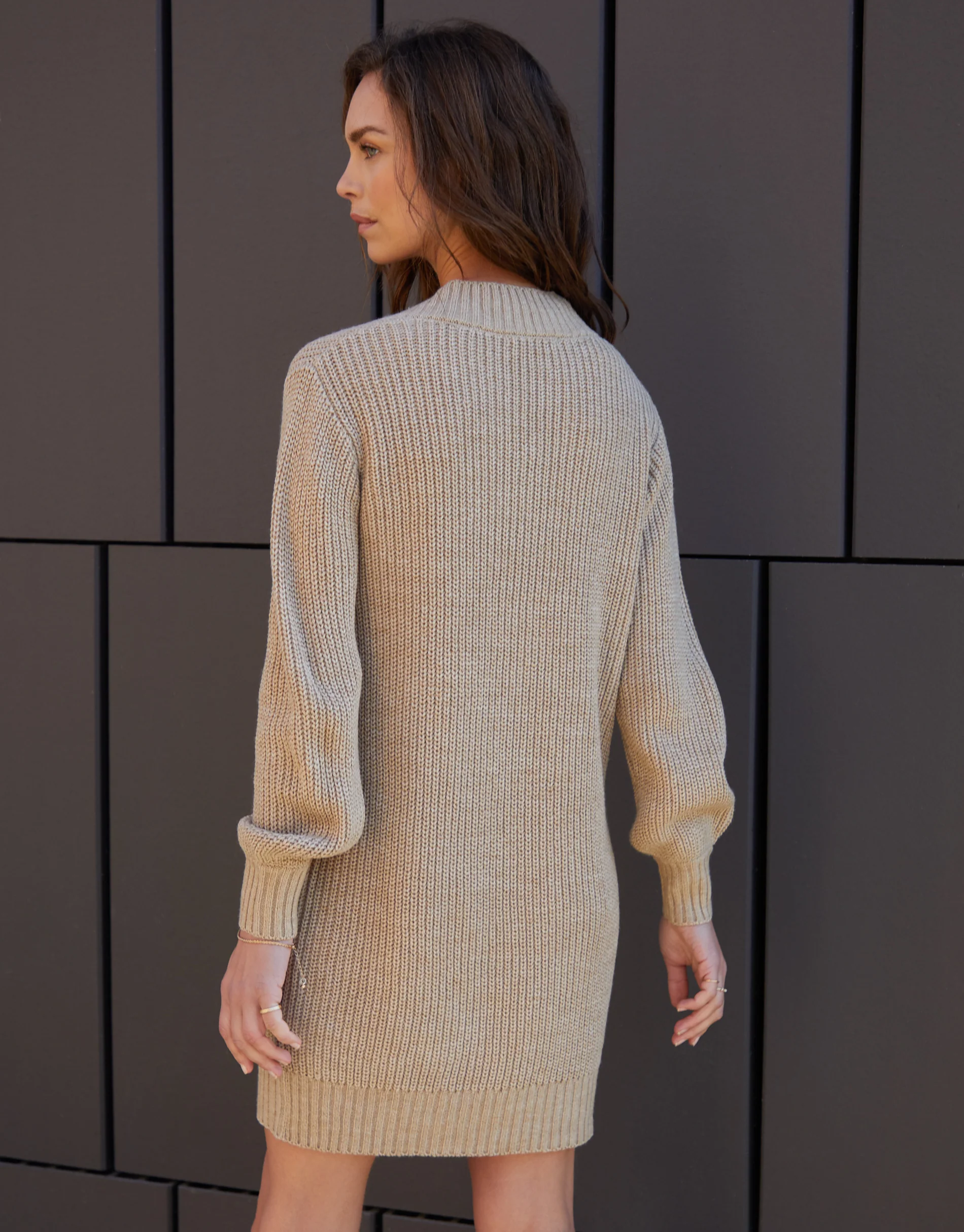 V-Neck Knitted Jumper Dress in Stone - Image 2