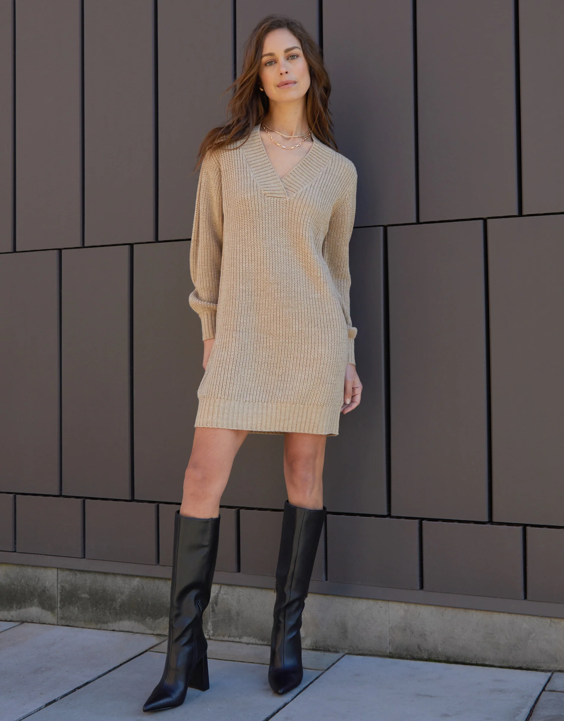 V-Neck Knitted Jumper Dress in Stone - Image 3