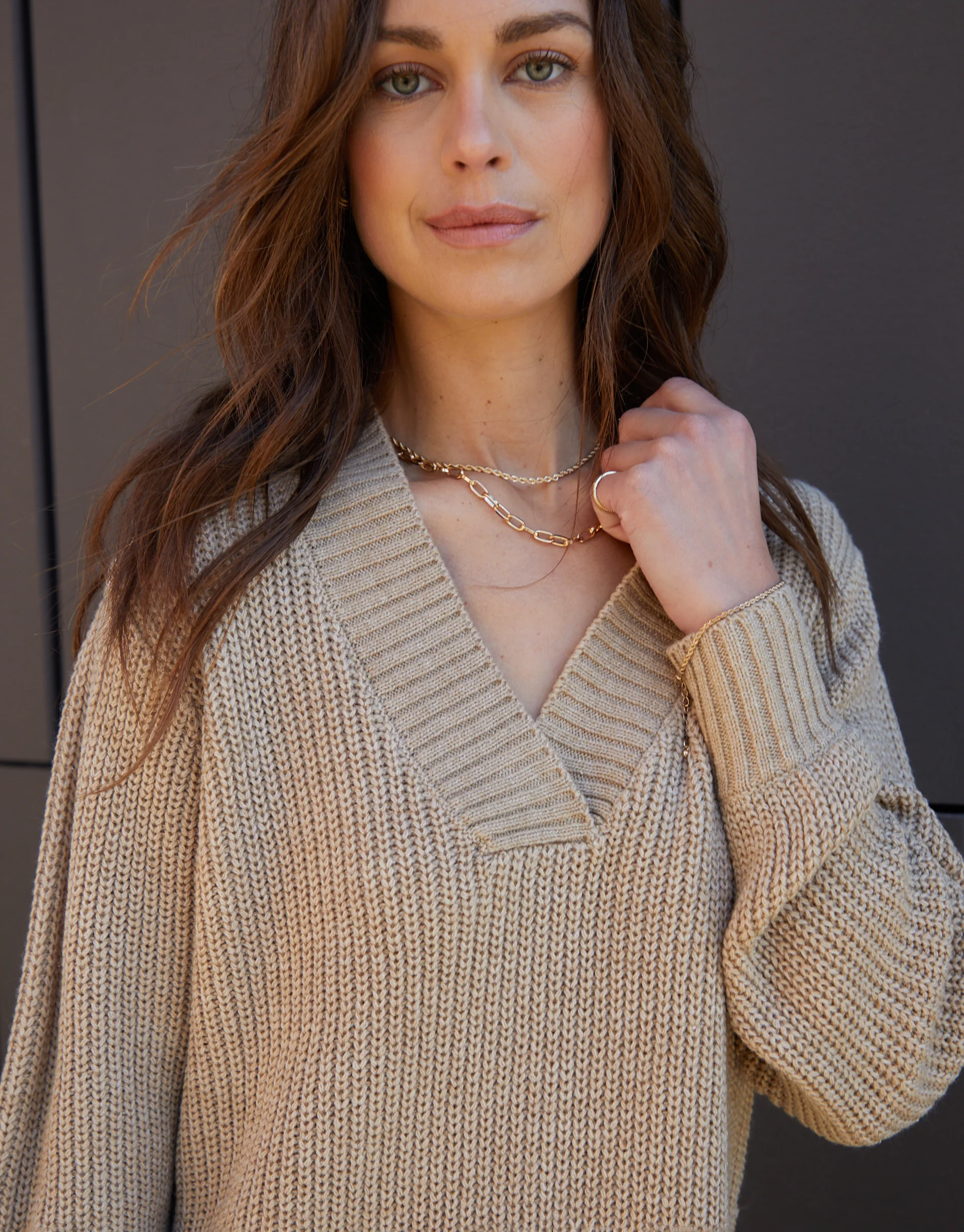 V-Neck Knitted Jumper Dress in Stone - Image 4