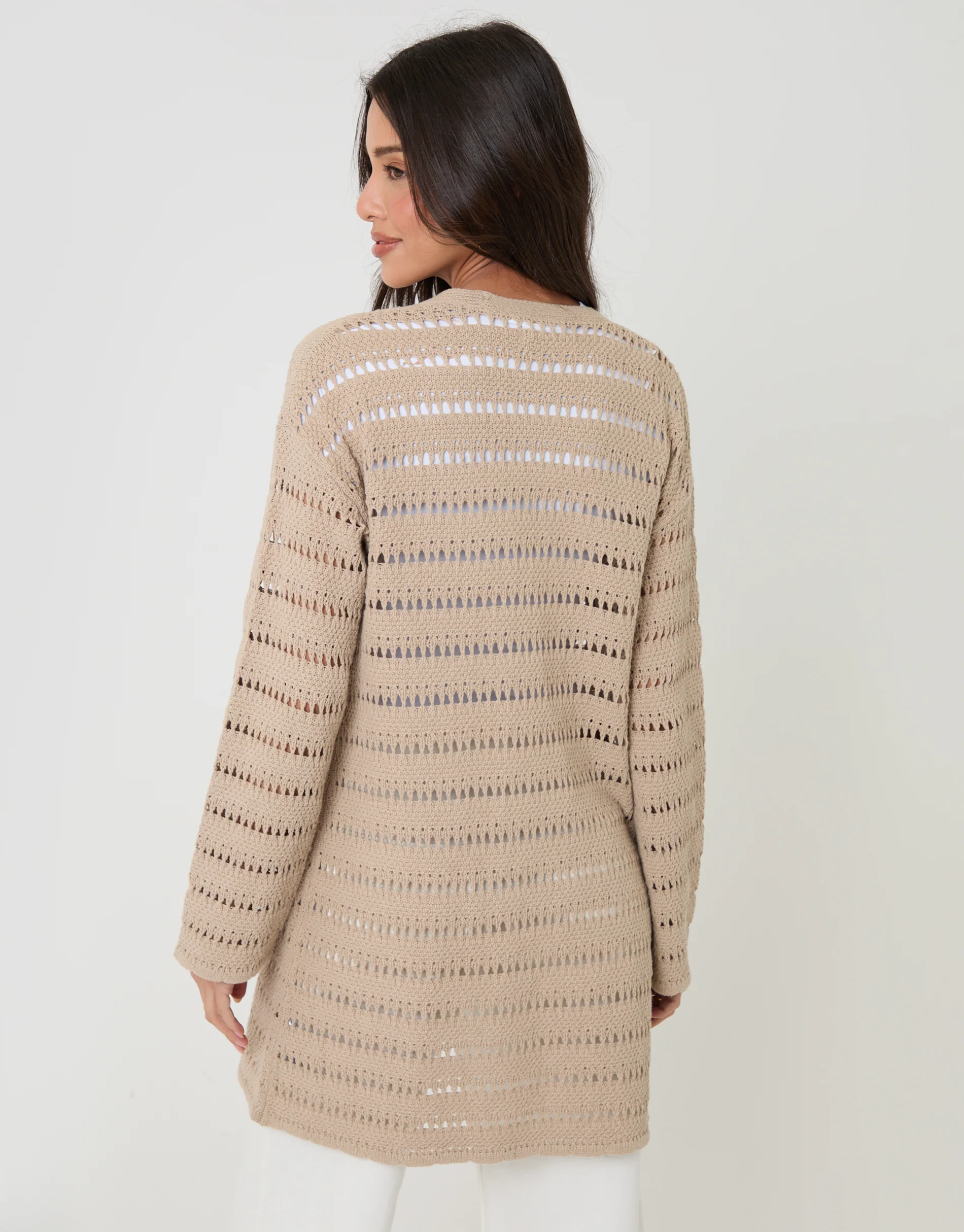 Longline Crochet Pointelle Knit Cardigan in Stone - Image 2