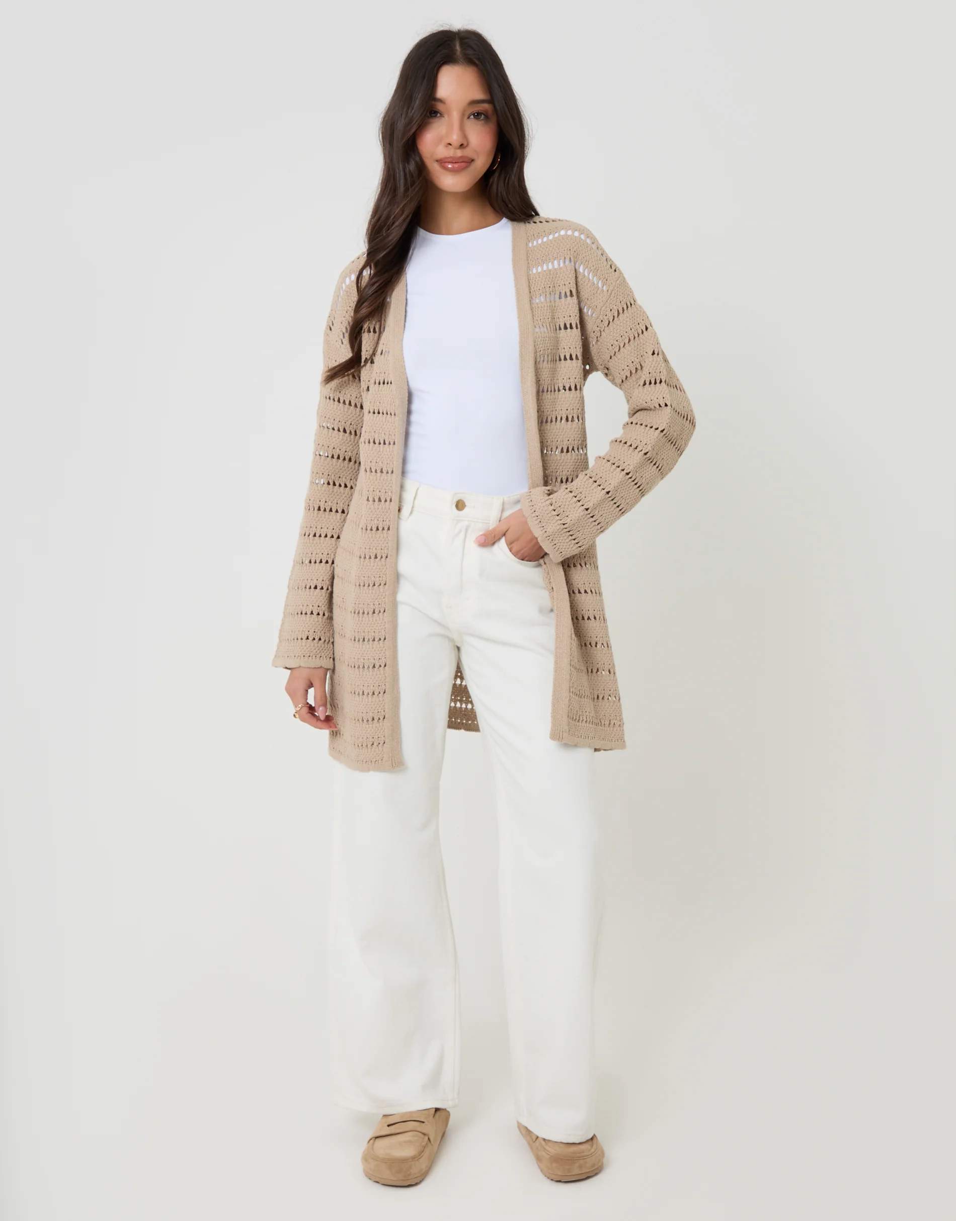 Longline Crochet Pointelle Knit Cardigan in Stone - Image 3