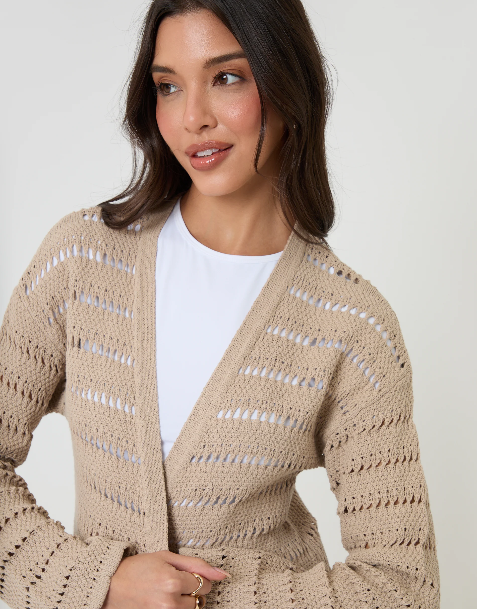 Longline Crochet Pointelle Knit Cardigan in Stone - Image 4