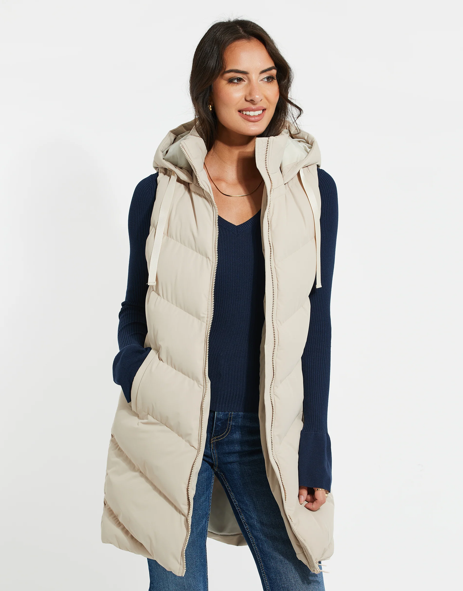 Longline Padded Gilet in Stone - Image 2