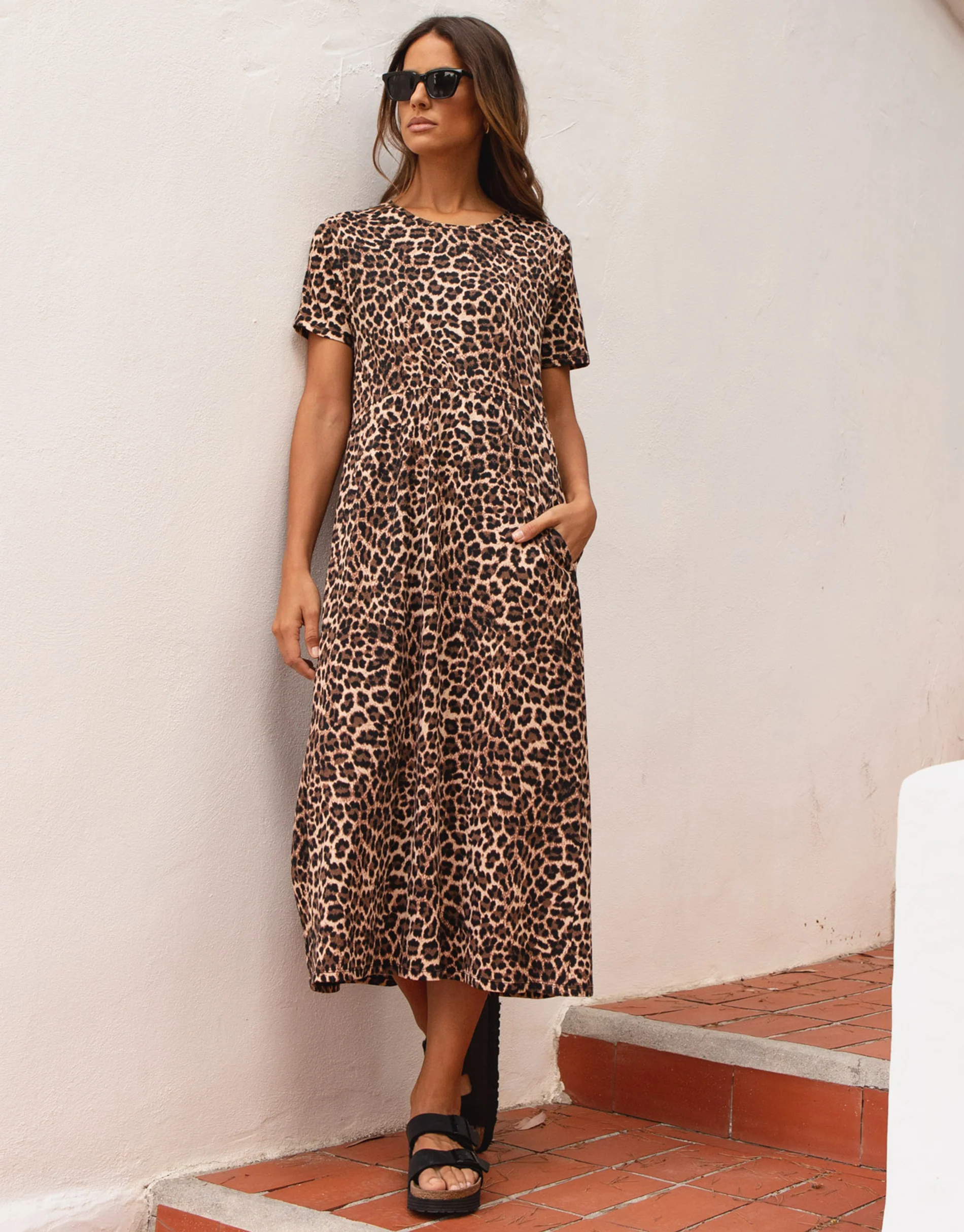 Tan Brown Jersey Midi Smock Dress with Pockets in Leopard Print - Image 4