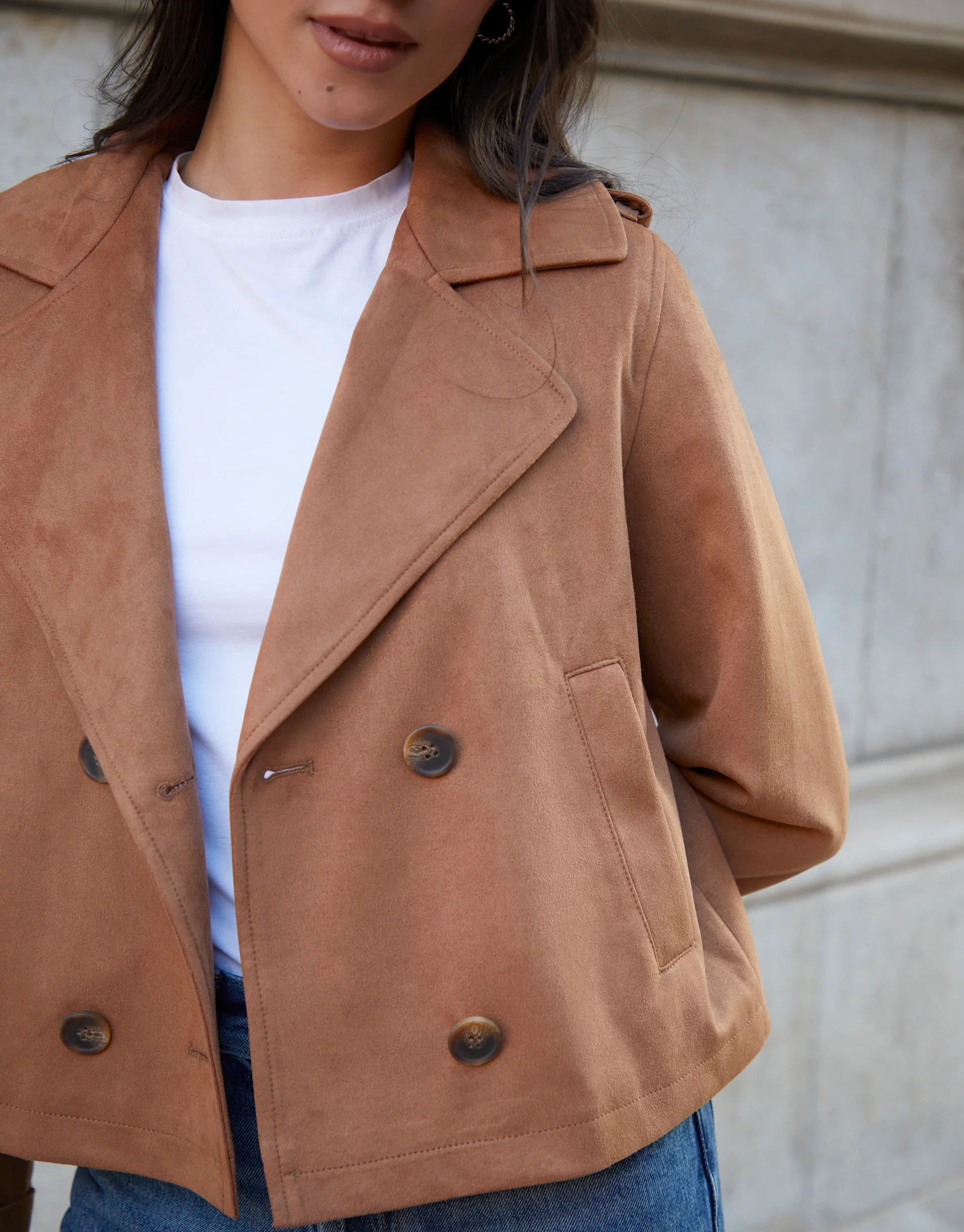 Suedette Cropped Trench Coat in Tan Brown - Image 3