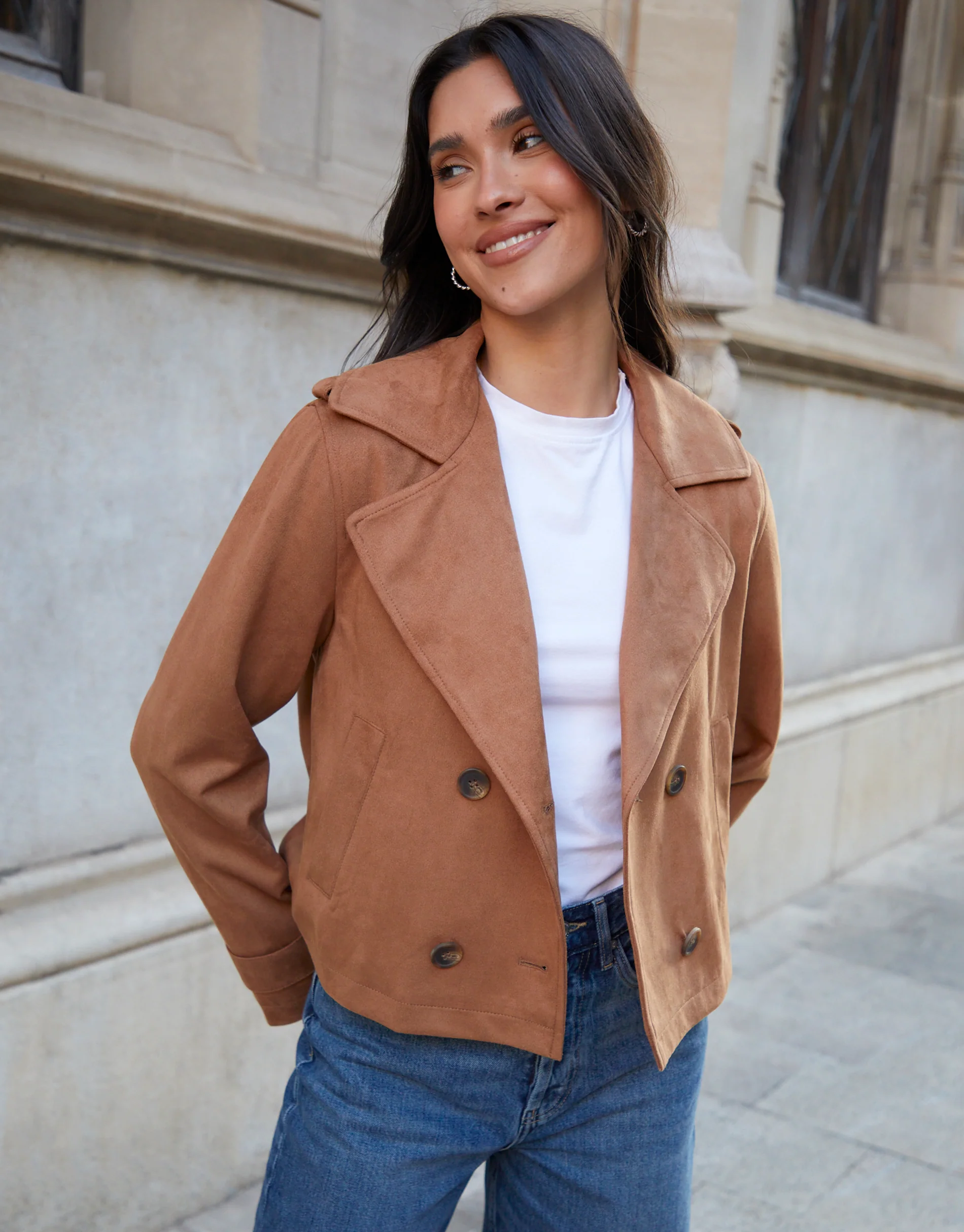 Suedette Cropped Trench Coat in Tan Brown - Image 4