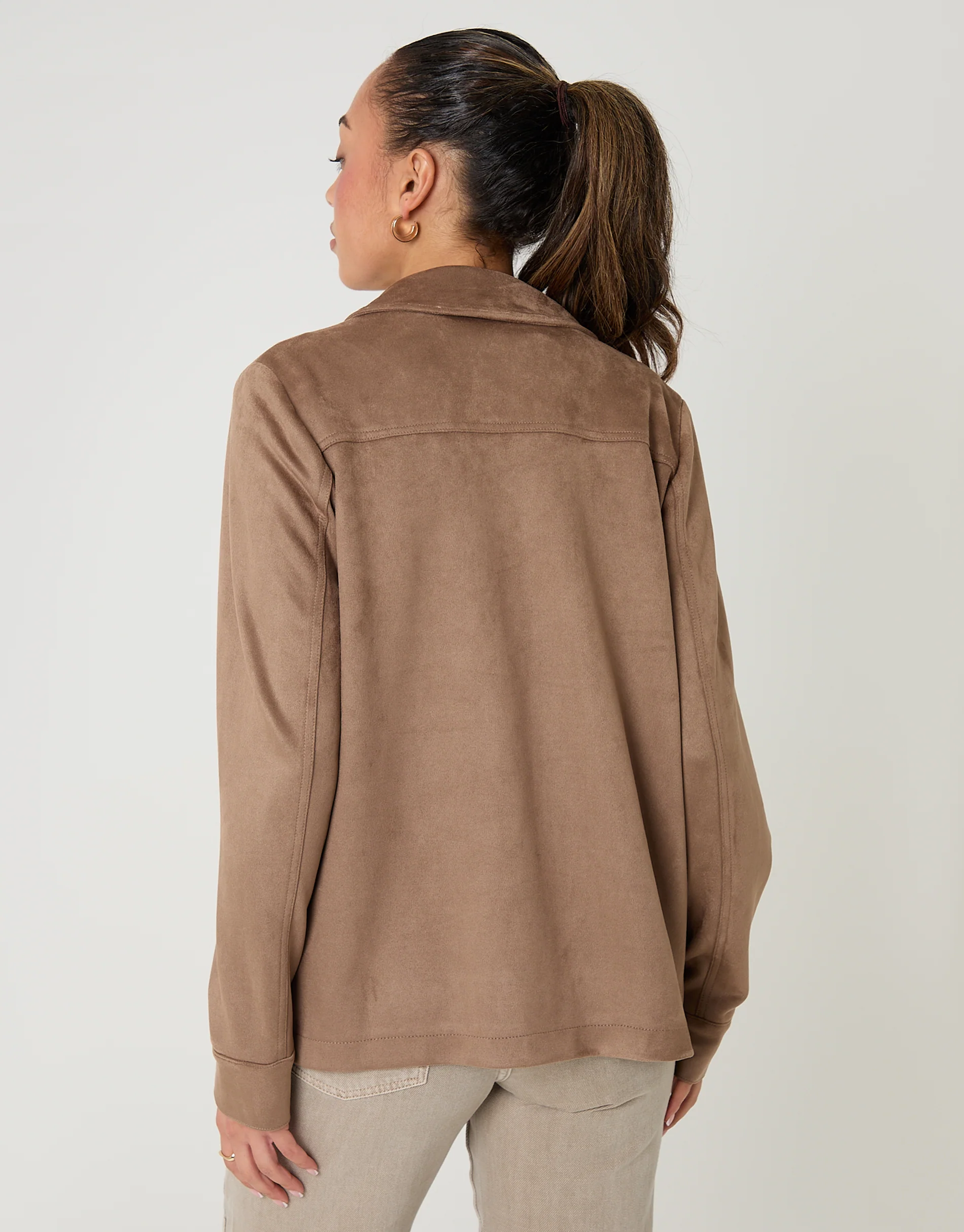 Yoke Detail Suedette Shacket in Taupe - Image 2