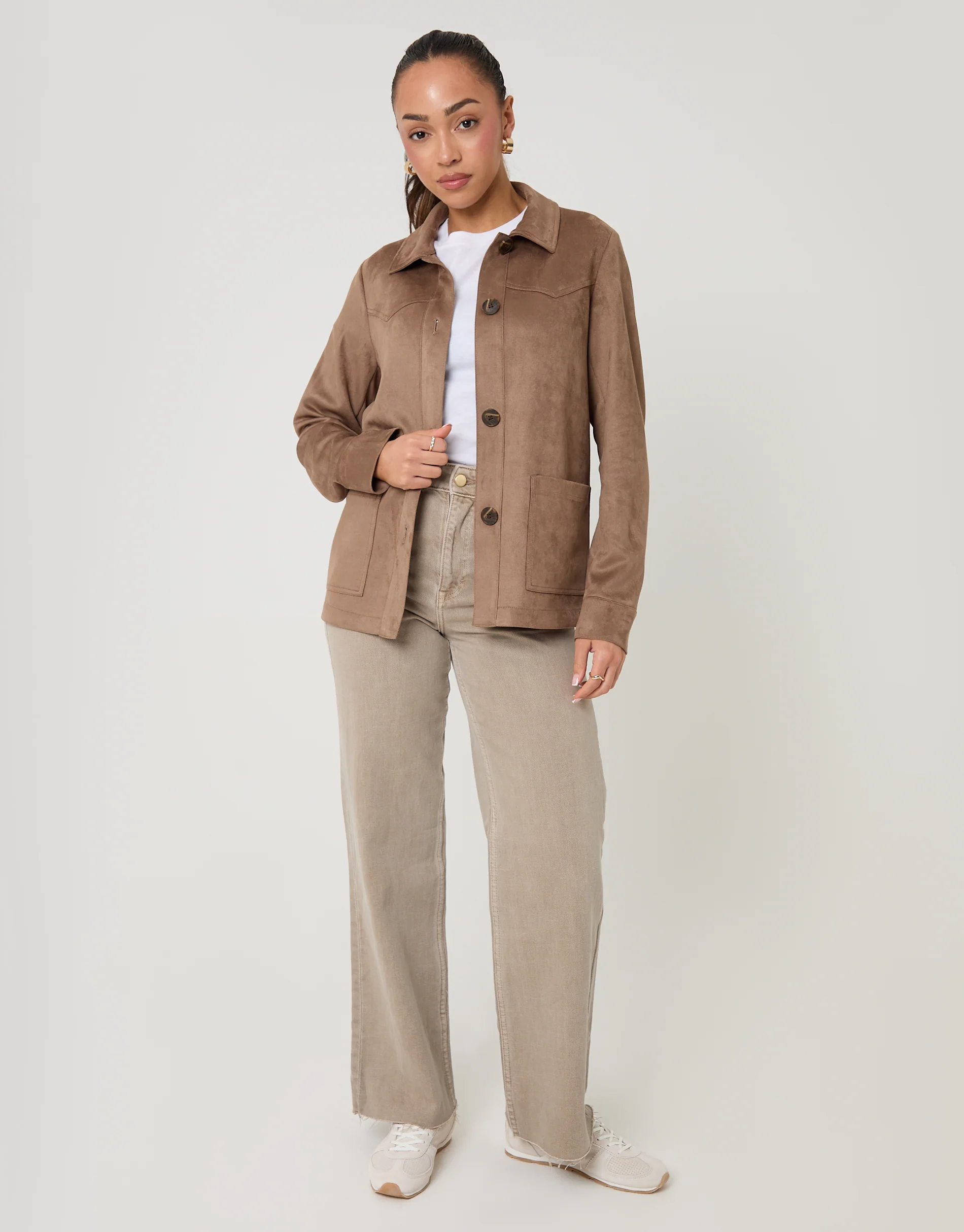 Yoke Detail Suedette Shacket in Taupe - Image 3