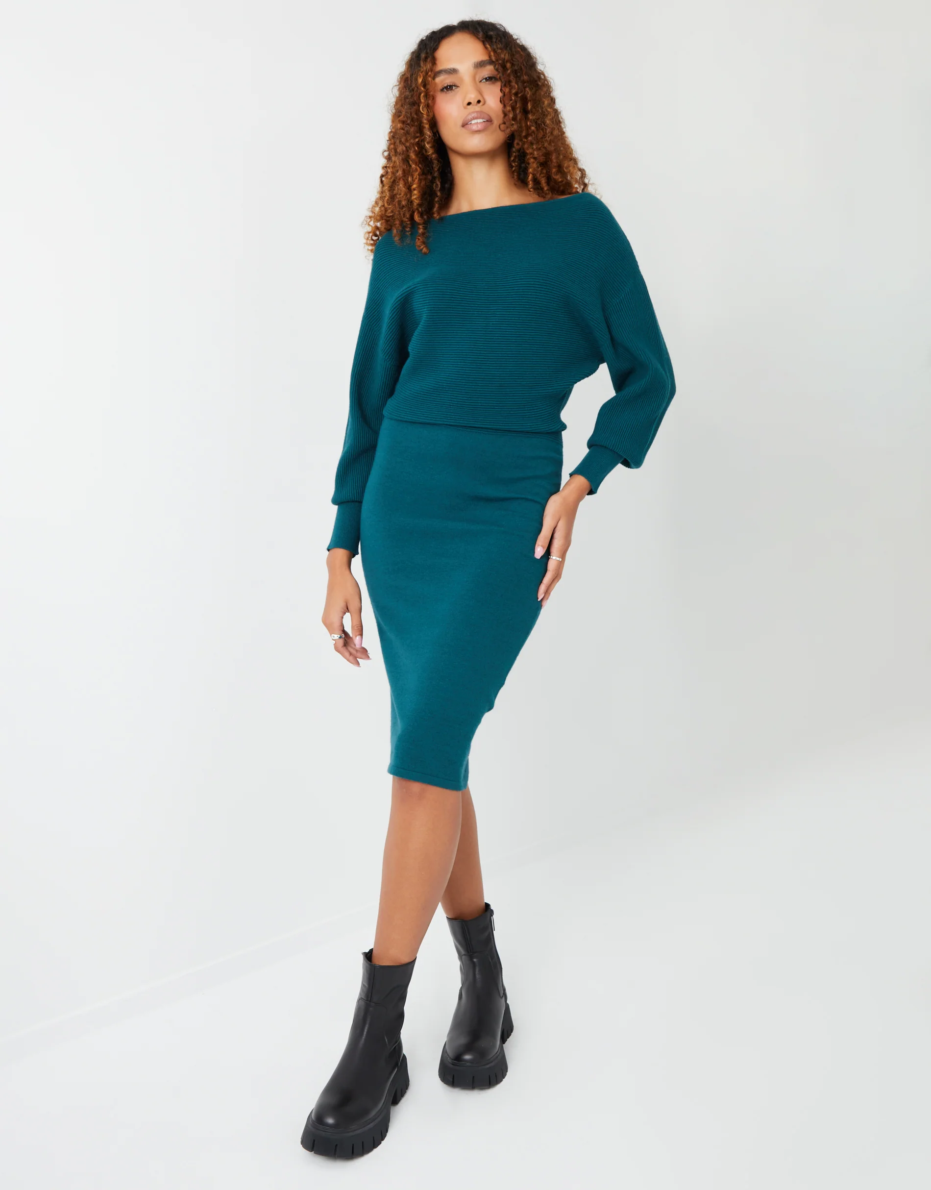 Slash Neck Knitted Dress in Teal Green