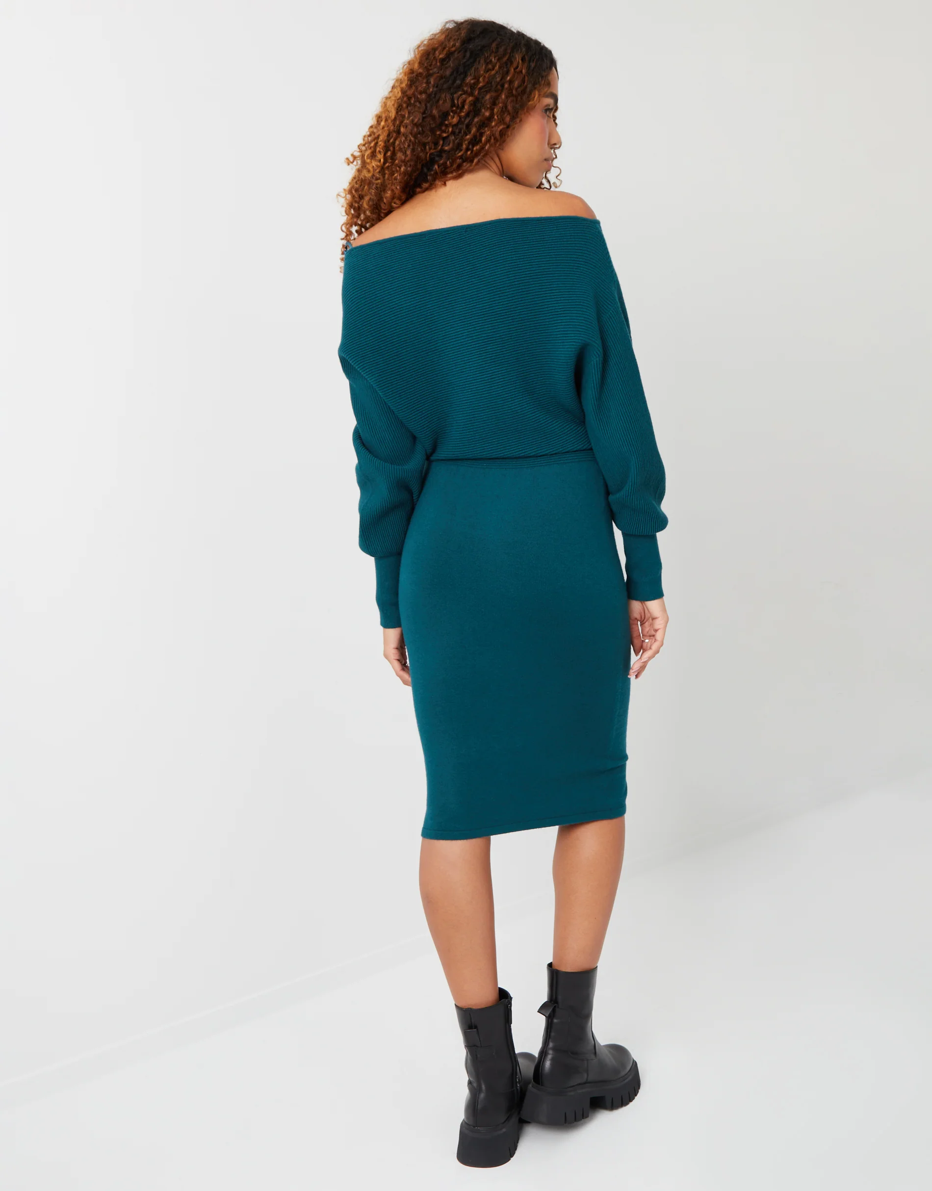 Slash Neck Knitted Dress in Teal Green - Image 2
