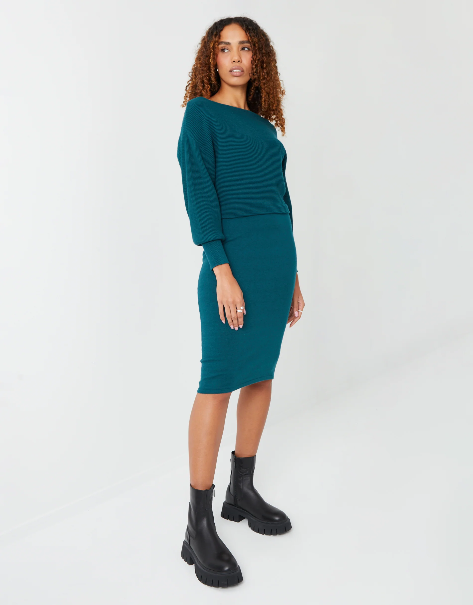 Slash Neck Knitted Dress in Teal Green - Image 3