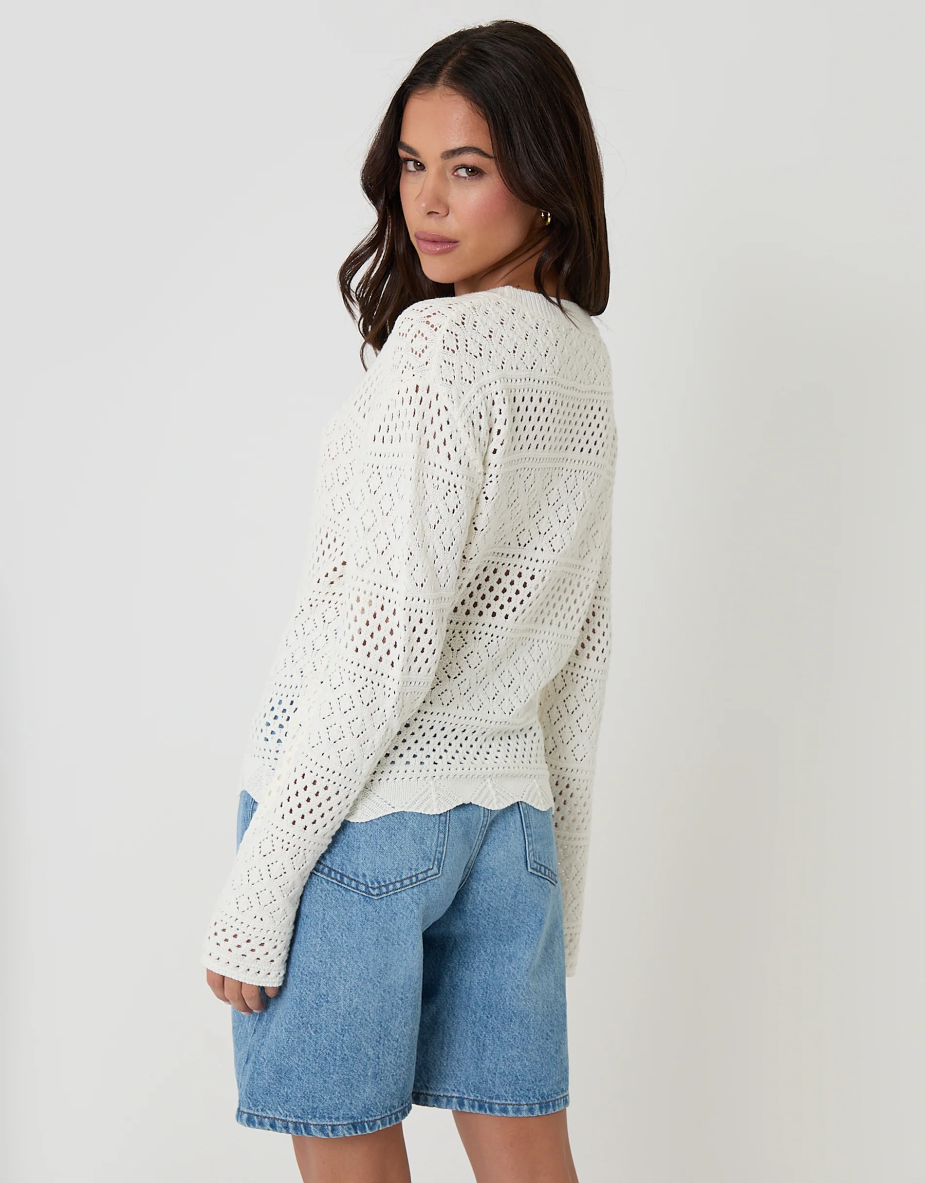 Long Sleeve Pointelle Crochet Knit Jumper in Cream - Image 3