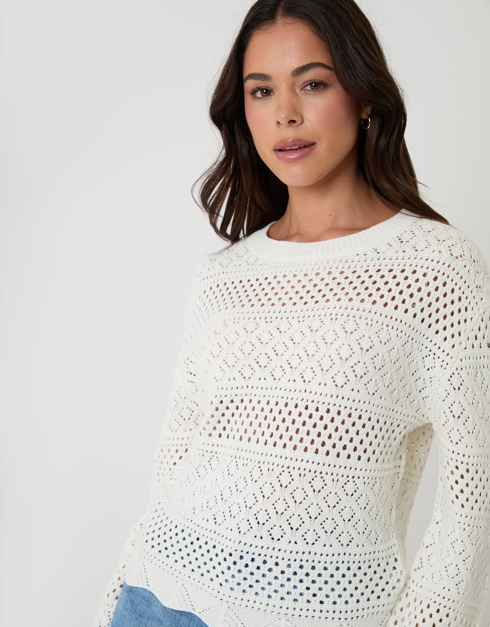 Long Sleeve Pointelle Crochet Knit Jumper in Cream - Image 5