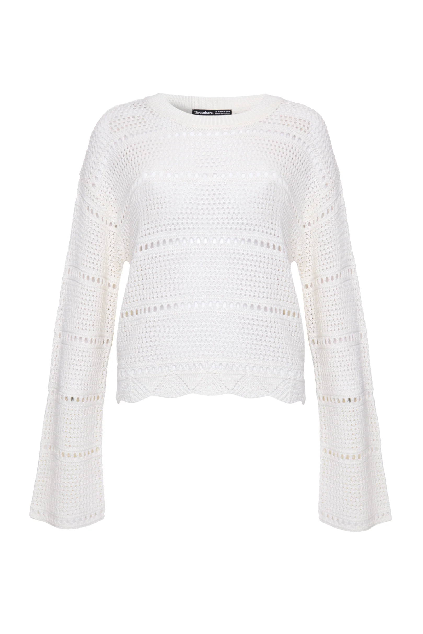 Long Sleeve Pointelle Crochet Knit Jumper in Cream - Image 6
