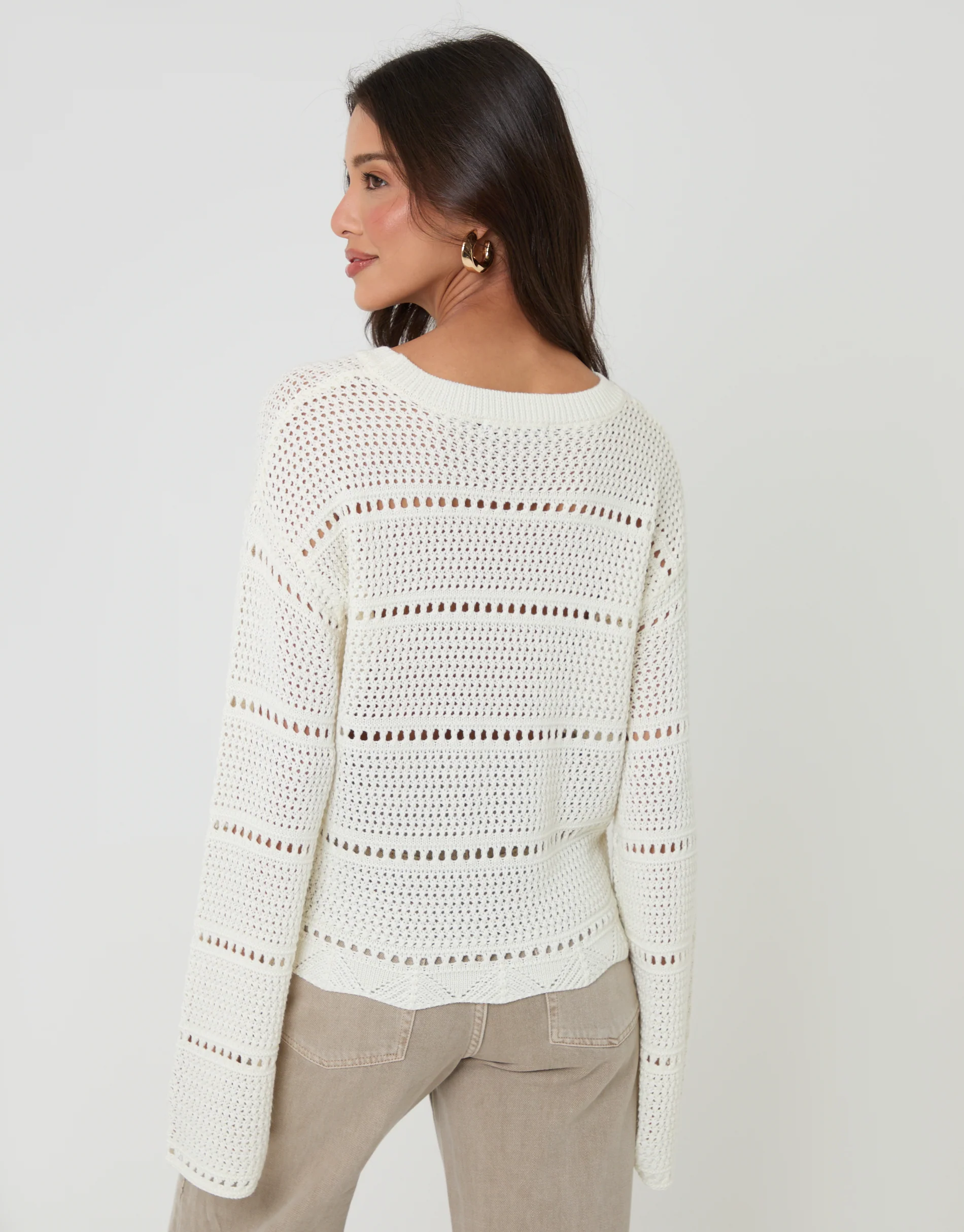 Pointelle Knit Crew Neck Jumper in Cream - Image 4