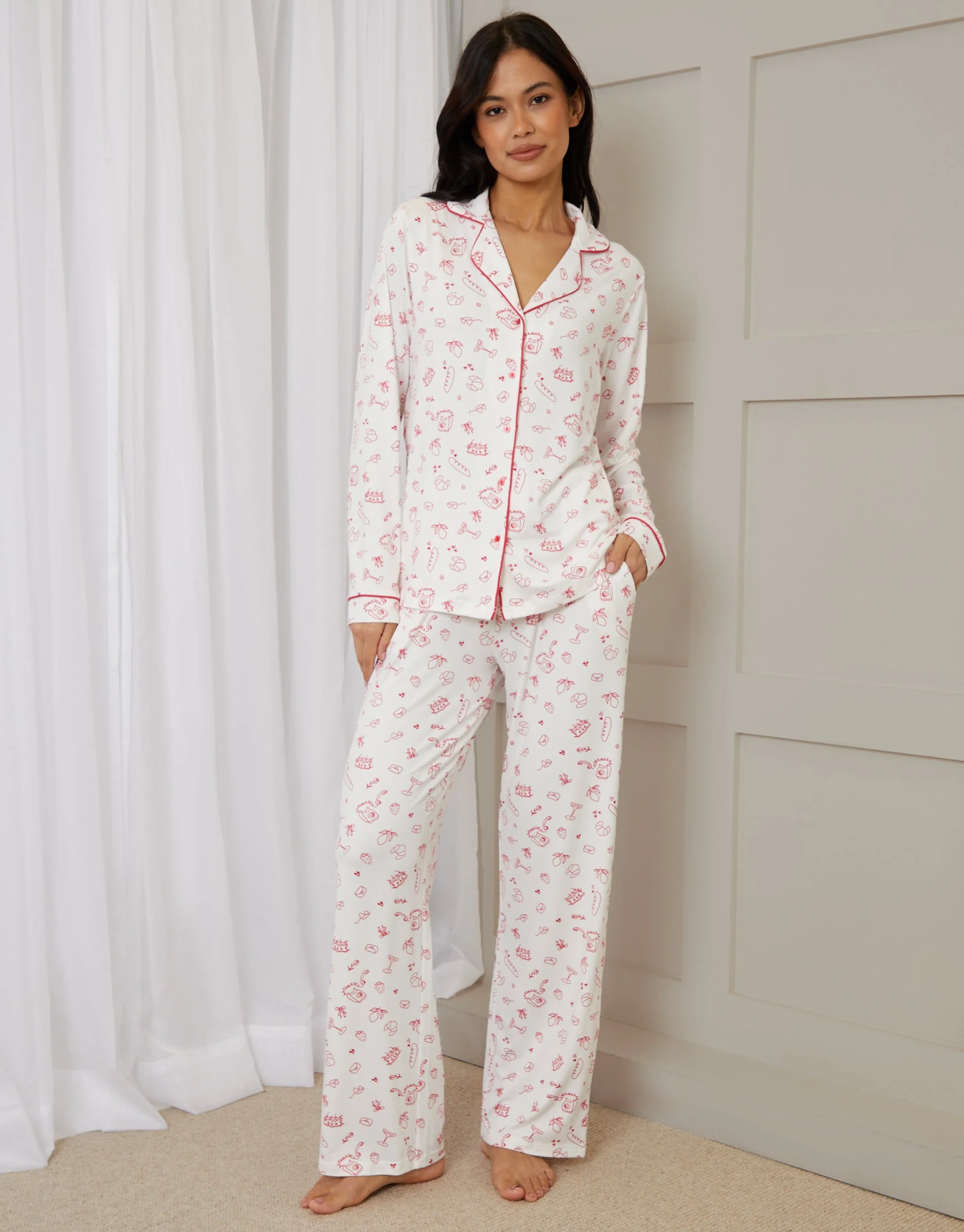 Printed Long Button-Through Pyjama Set in White - Image 3