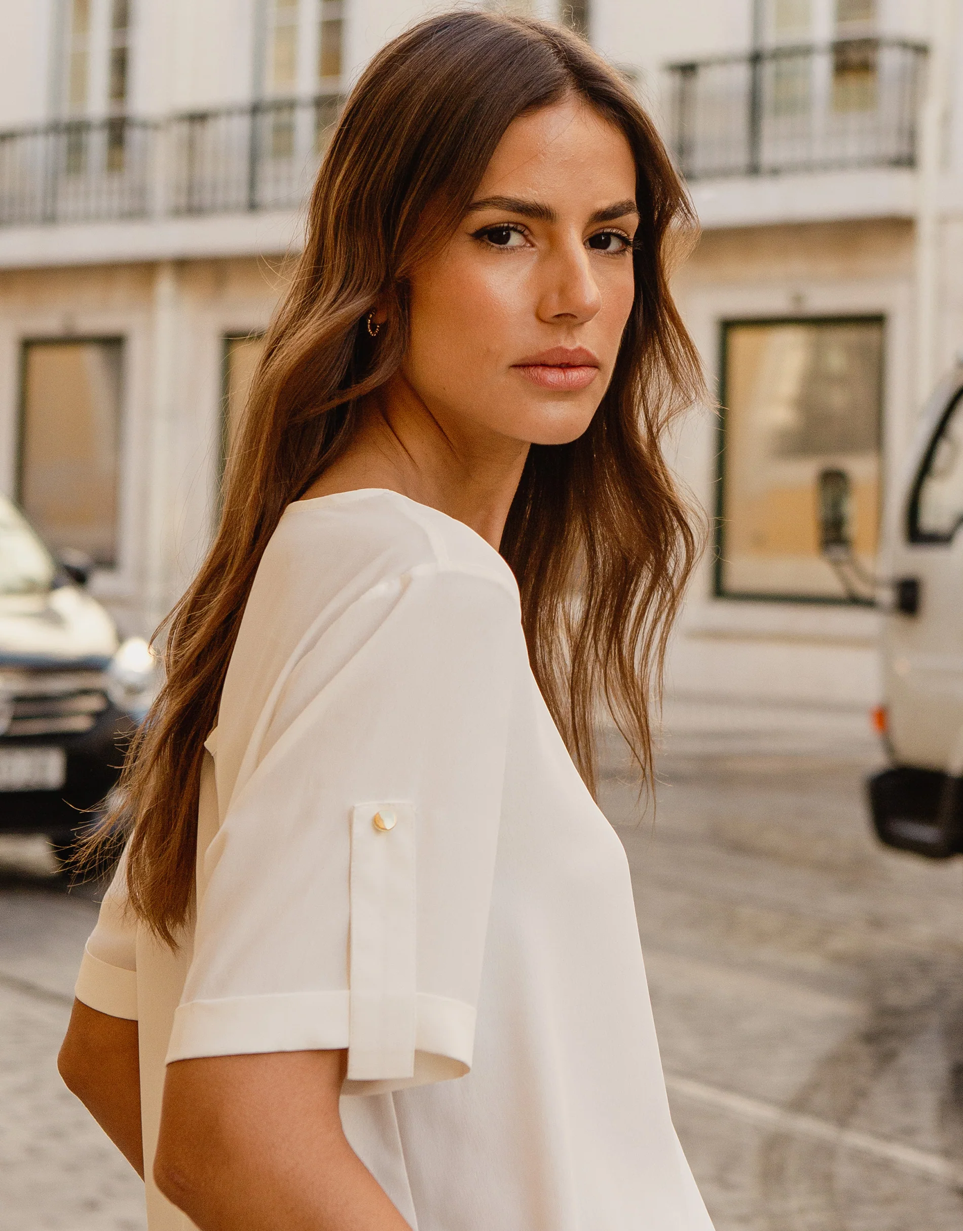 Short Roll Sleeve T-Shirt Blouse in Ivory - Image 4
