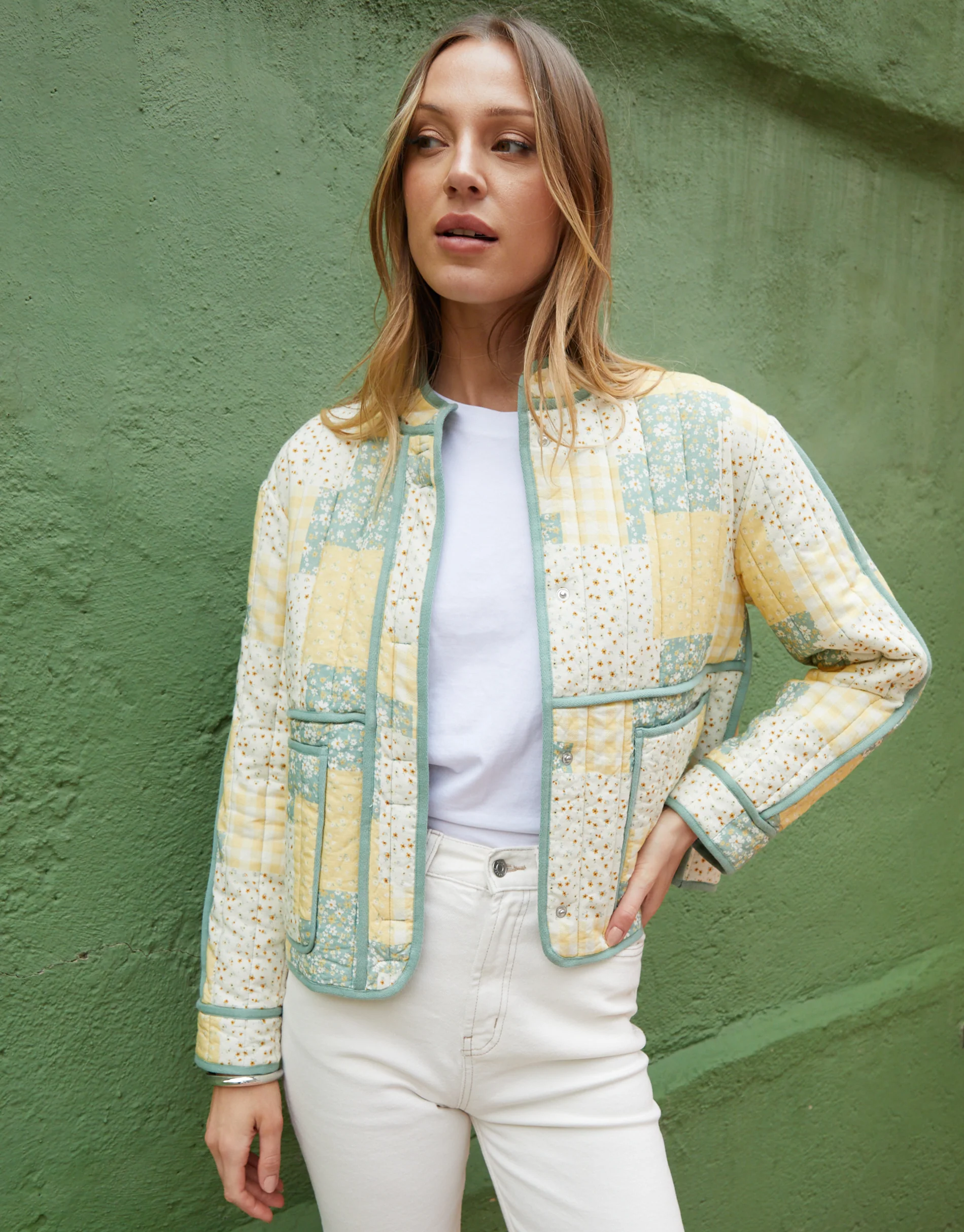 Floral Patchwork Quilted Jacket in Yellow
